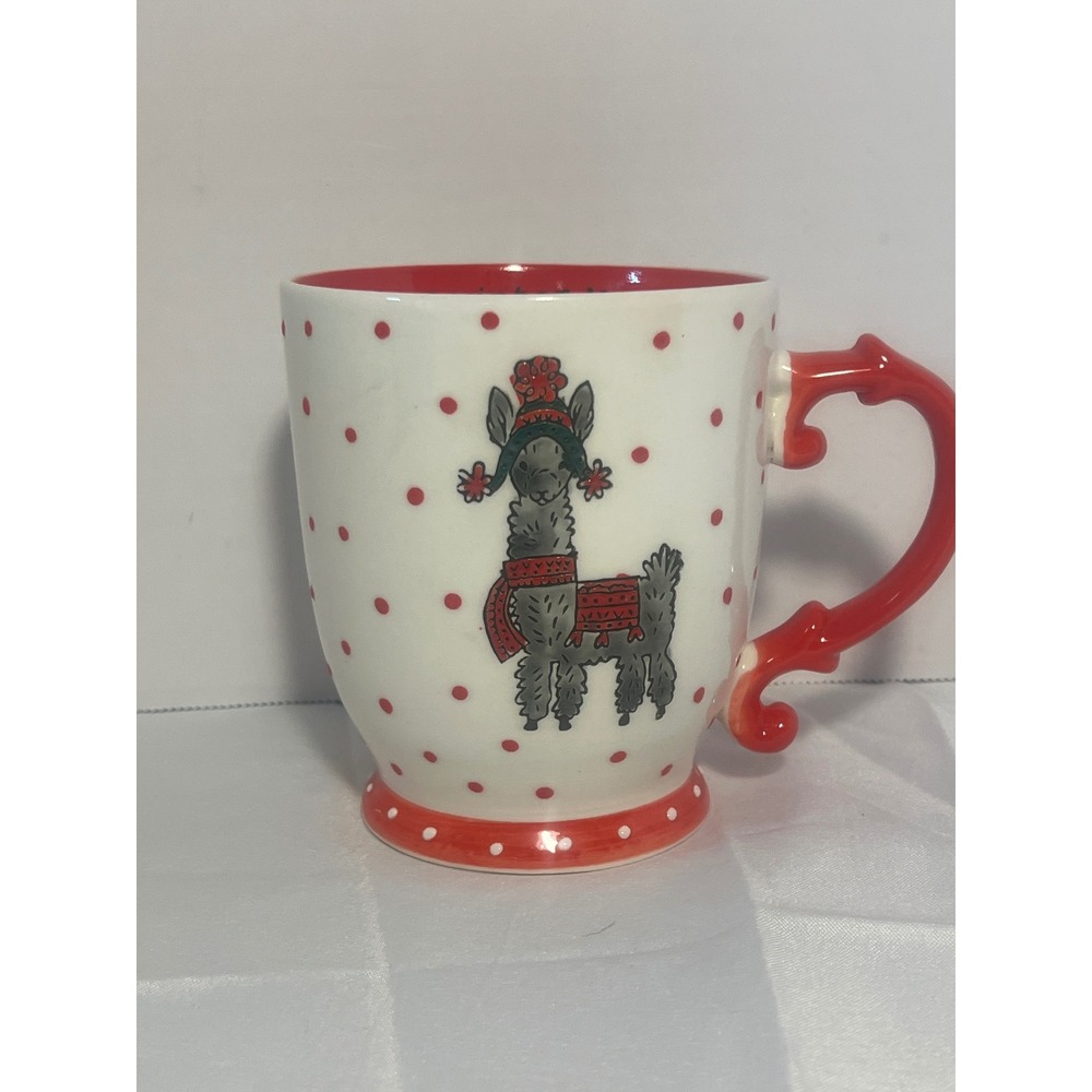 Belle Maison Llama Mug White Red Polka Dot Happy‎ Holidays Christmas Ceramic